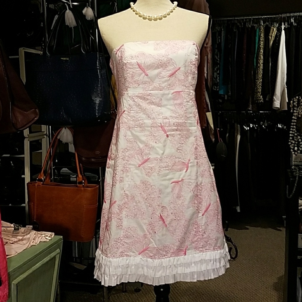 Strapless dress pink  crochet and white,